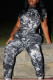 Black Casual Street Tie Dye Patchwork Backless Printing O Neck Skinny Jumpsuits
