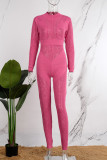 Rose Red Casual Solid Patchwork See-through Turtleneck Skinny Jumpsuits