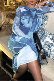 Blue Street Geometric Patchwork Slit O Neck One Step Skirt Dresses