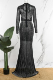 Black Sexy Patchwork Hot Drilling See-through Half A Turtleneck Long Dress Dresses