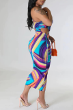 Multicolor Casual Print Hollowed Out Patchwork Draw String Backless Oblique Collar One Step Skirt Dresses