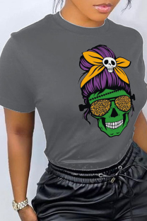 Dark Gray Daily Print Skull Patchwork O Neck T-Shirts