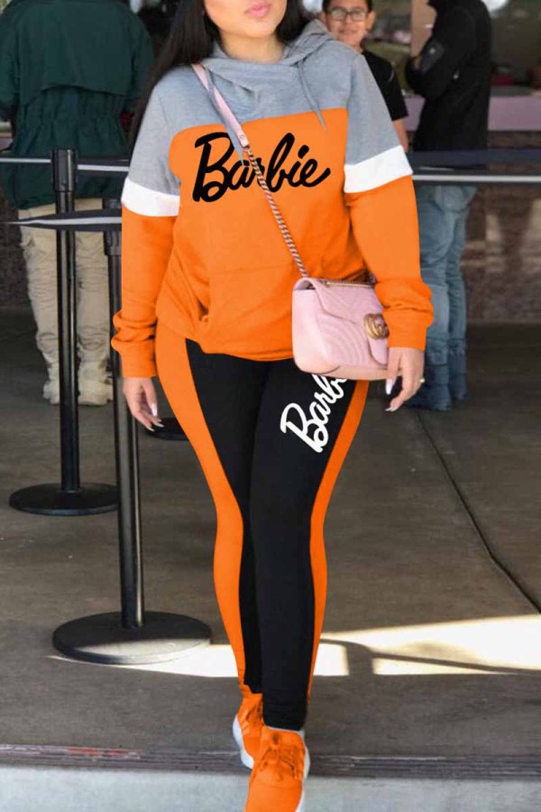 Orange Casual Street Print Patchwork Letter Hooded Collar Long Sleeve Two Pieces