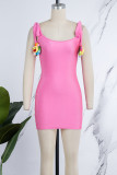 Rose Red Sexy Casual Solid Backless U Neck Sling Dress Dresses