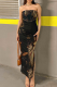 Black Elegant Print Patchwork Backless Slit Strapless One Step Skirt Dresses