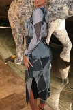 Blue Street Geometric Patchwork Slit O Neck One Step Skirt Dresses