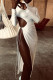 White Sexy Elegant Solid Hollowed Out Patchwork Draw String Asymmetrical O Neck Long Sleeve Dresses