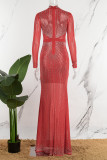 Rose Red Sexy Patchwork Hot Drilling See-through Half A Turtleneck Long Dress Dresses