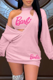 Pink Casual Letter Print Basic Half A Turtleneck Long Sleeve Two Pieces