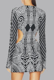 Black Street Dot Hollowed Out Patchwork V Neck One Step Skirt Dresses
