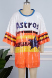 Orange Casual Letter Sequins Patchwork O Neck Dresses