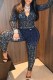 Blue Street Print Letter Zipper Collar Long Sleeve Two Pieces
