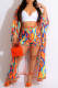 Orange Casual Print Patchwork Cardigan Collar Long Sleeve Two Pieces