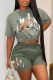 Light Green Street Print Animal Letter O Neck Short Sleeve Two Pieces