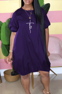 Purple Sweet Elegant Letter Patchwork Printing O Neck Lantern Skirt Short Sleeve Dress