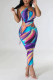 Multicolor Casual Print Hollowed Out Patchwork Draw String Backless Oblique Collar One Step Skirt Dresses