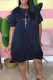 Tibetan Blue Sweet Elegant Letter Patchwork Printing O Neck Lantern Skirt Short Sleeve Dress