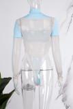 Blue Sexy Patchwork See-through Contrast Turtleneck Skinny Romper