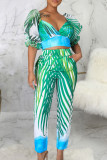 Green Sexy Elegant Striped Patchwork Printing Zipper Asymmetrical Collar Short Sleeve Two Pieces
