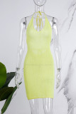 Yellow Sexy Solid Bandage Backless Halter Sleeveless Dress Dresses