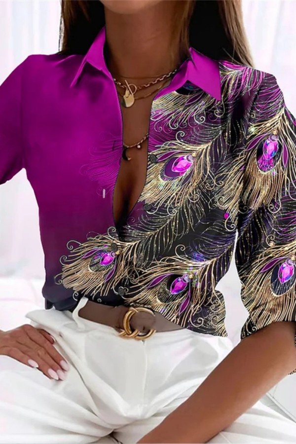 Fuchsia Casual Print Patchwork Shirt Collar Tops
