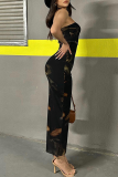Black Elegant Print Patchwork Backless Slit Strapless One Step Skirt Dresses