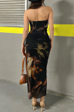 Black Elegant Print Patchwork Backless Slit Strapless One Step Skirt Dresses