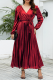 Red Elegant Bronzing Frenulum Fold Reflective V Neck Pleated Dresses(With Belt)