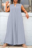 Grey Casual Solid Buttons V Neck Plus Size Jumpsuits