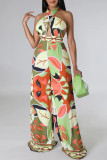Purple Casual Street Color Lump Color Block Patchwork Backless Printing Halter Jumpsuits