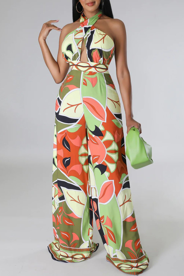 Green Casual Street Color Lump Color Block Patchwork Backless Printing Halter Jumpsuits