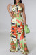 Green Casual Street Color Lump Color Block Patchwork Backless Printing Halter Jumpsuits