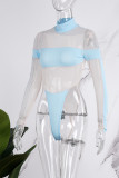 Blue Sexy Patchwork See-through Contrast Turtleneck Skinny Romper