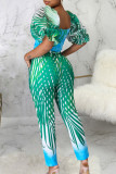 Green Sexy Elegant Striped Patchwork Printing Zipper Asymmetrical Collar Short Sleeve Two Pieces
