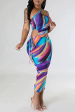 Multicolor Casual Print Hollowed Out Patchwork Draw String Backless Oblique Collar One Step Skirt Dresses