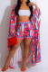 Red Casual Print Patchwork Cardigan Collar Long Sleeve Two Pieces