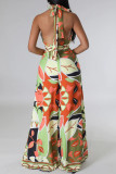 Purple Casual Street Color Lump Color Block Patchwork Backless Printing Halter Jumpsuits