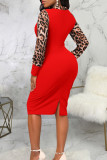 Red Sexy British Style Elegant Leopard Patchwork Printing O Neck Wrapped Skirt Dresses