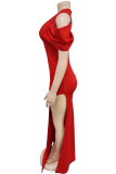 Red Elegant Solid Ripped Patchwork Slit Zipper V Neck Trumpet Mermaid Dresses