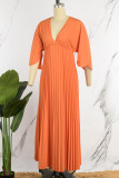 Orange Casual Solid Patchwork V Neck Pleated Dresses