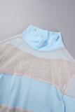 Blue Sexy Patchwork See-through Contrast Turtleneck Skinny Romper