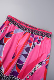 Pink Casual Print Patchwork Cardigan Collar Long Sleeve Two Pieces