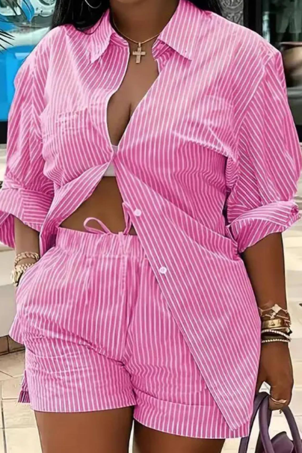 Pink Casual Print Patchwork Buttons Shirt Collar Short Sleeve Two Pieces