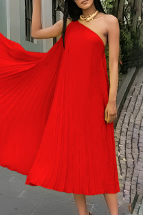 Red Elegant Solid Patchwork Fold Oblique Collar A Line Dresses
