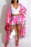 Pink Casual Print Patchwork Cardigan Collar Long Sleeve Two Pieces