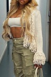 Black Casual Solid Tassel Cardigan Outerwear