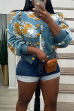Grey Casual Print Patchwork Buckle Outerwear