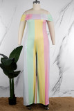 Colour Casual Striped Patchwork Backless Off the Shoulder Plus Size Jumpsuits