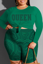 Green Casual Print Patchwork Knotted O Neck Plus Size Two Pieces