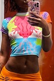 Colour Casual Print Patchwork O Neck T-Shirts
